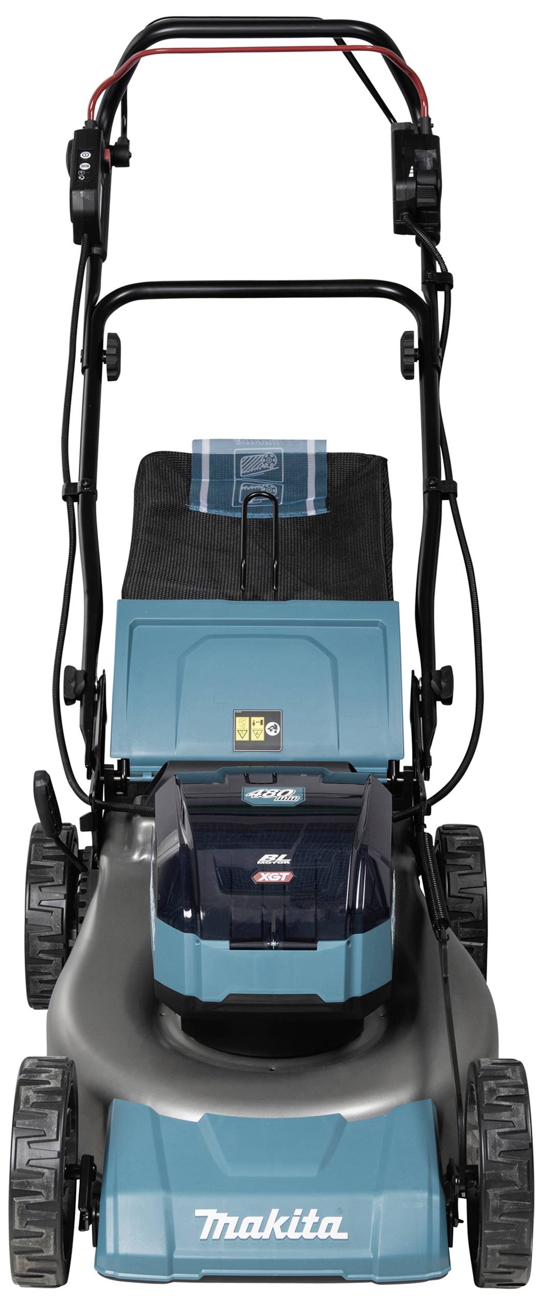 Elektryczny kosiarz w kolorach niebieskim i czarnym, widziany z przodu. Model firmy Makita z dużym koszem na trawę i regulowaną rączką.