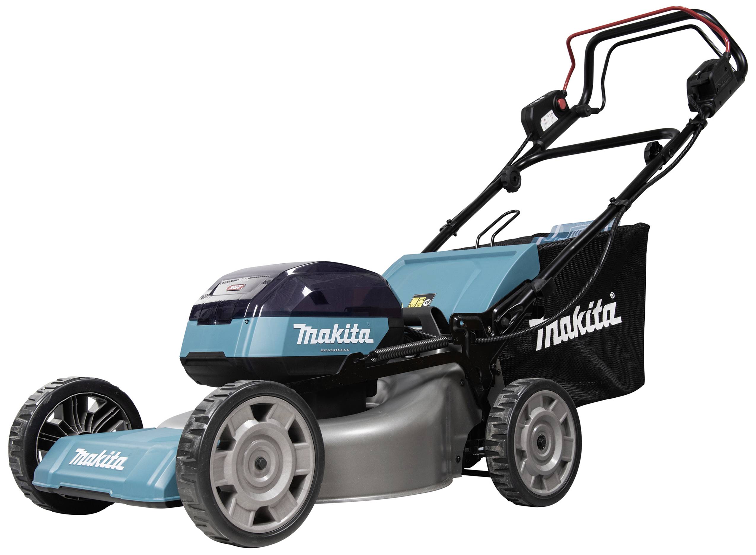 Niebieski elektryczny kosiarz do trawy z czarnym koszem, składaną rączką i solidnymi kołami, idealny do ogrodów średniej wielkości.