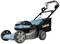 Niebieski elektryczny kosiarz do trawy z czarnym koszem, składaną rączką i solidnymi kołami, idealny do ogrodów średniej wielkości.