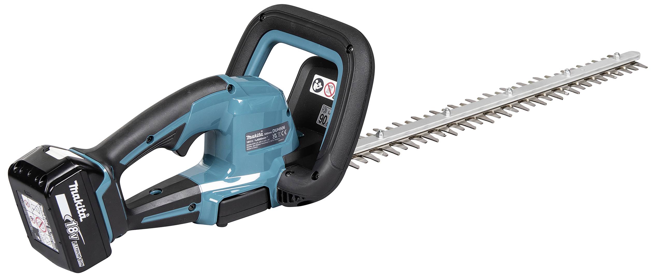 Bezprzewodowy, turkusowy nożyce do żywopłotu z długą belką tnącą. Idealne do przycinania żywopłotów i krzewów w ogrodzie.