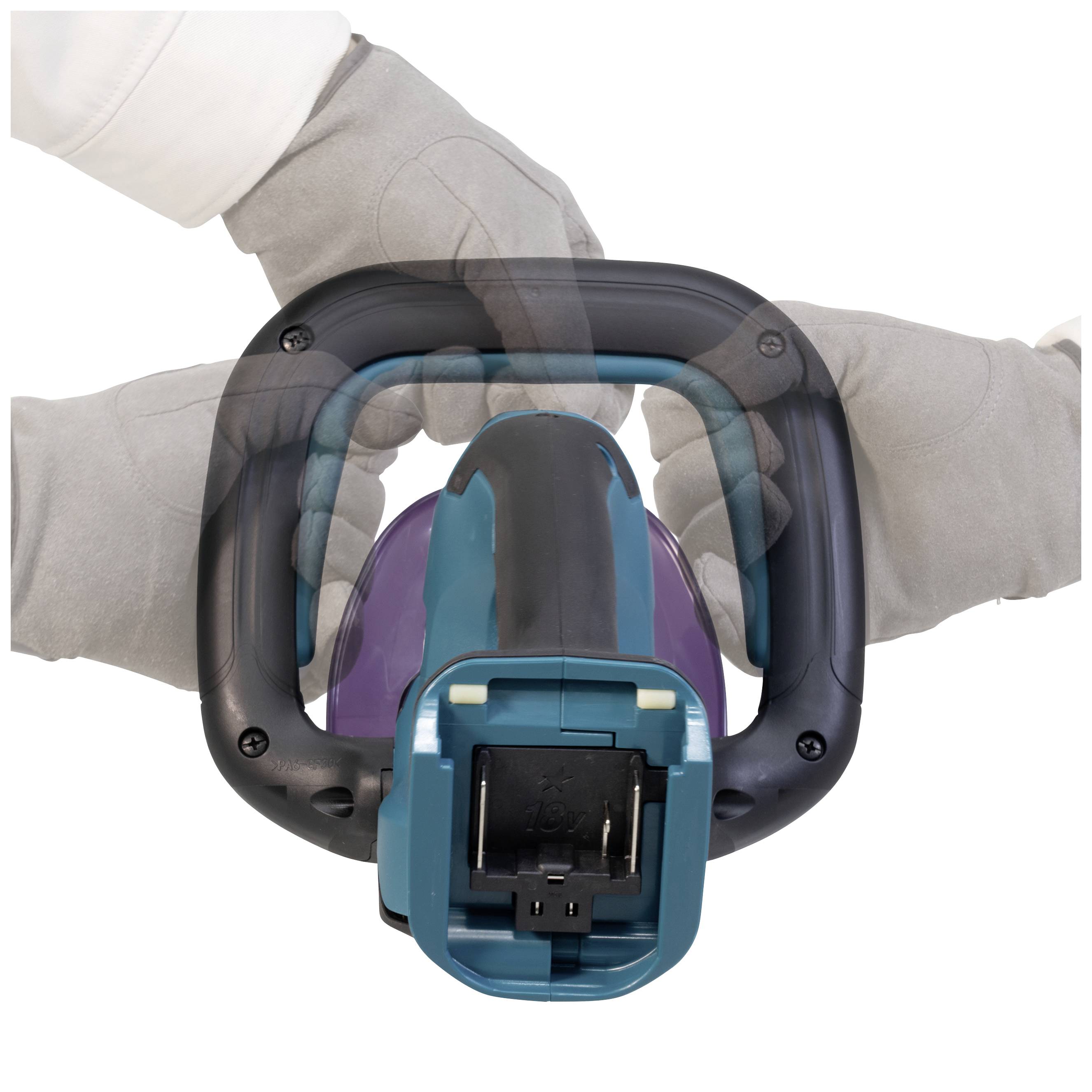 Osoba w szarych rękawiczkach chwyta niebieskie narzędzie przypominające hantle z czarnym uchwytem.