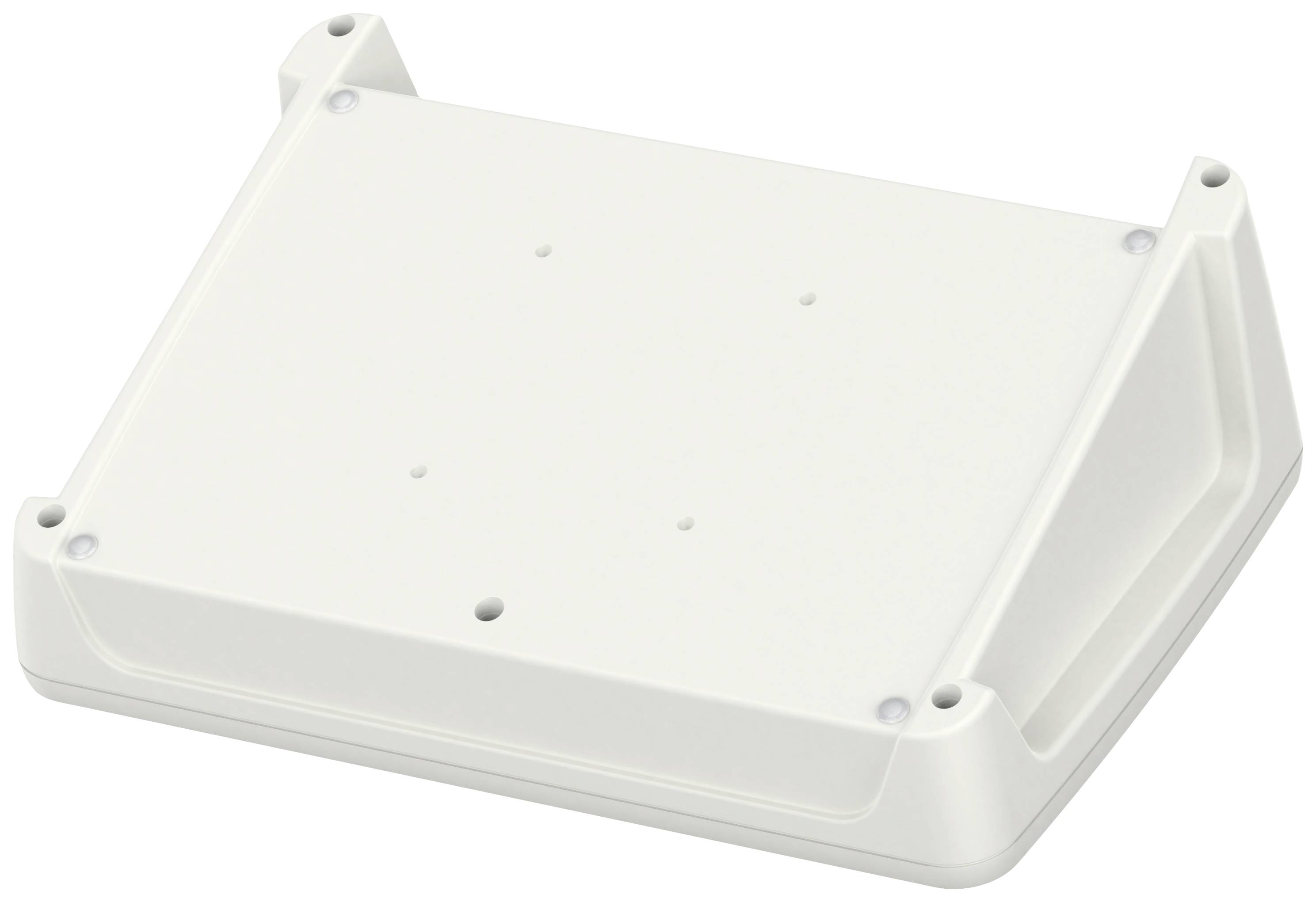 Biała plastikowa osłona w kształcie prostokąta, lekko pochylona. Stosowana do ochrony urządzeń lub elementów elektronicznych.