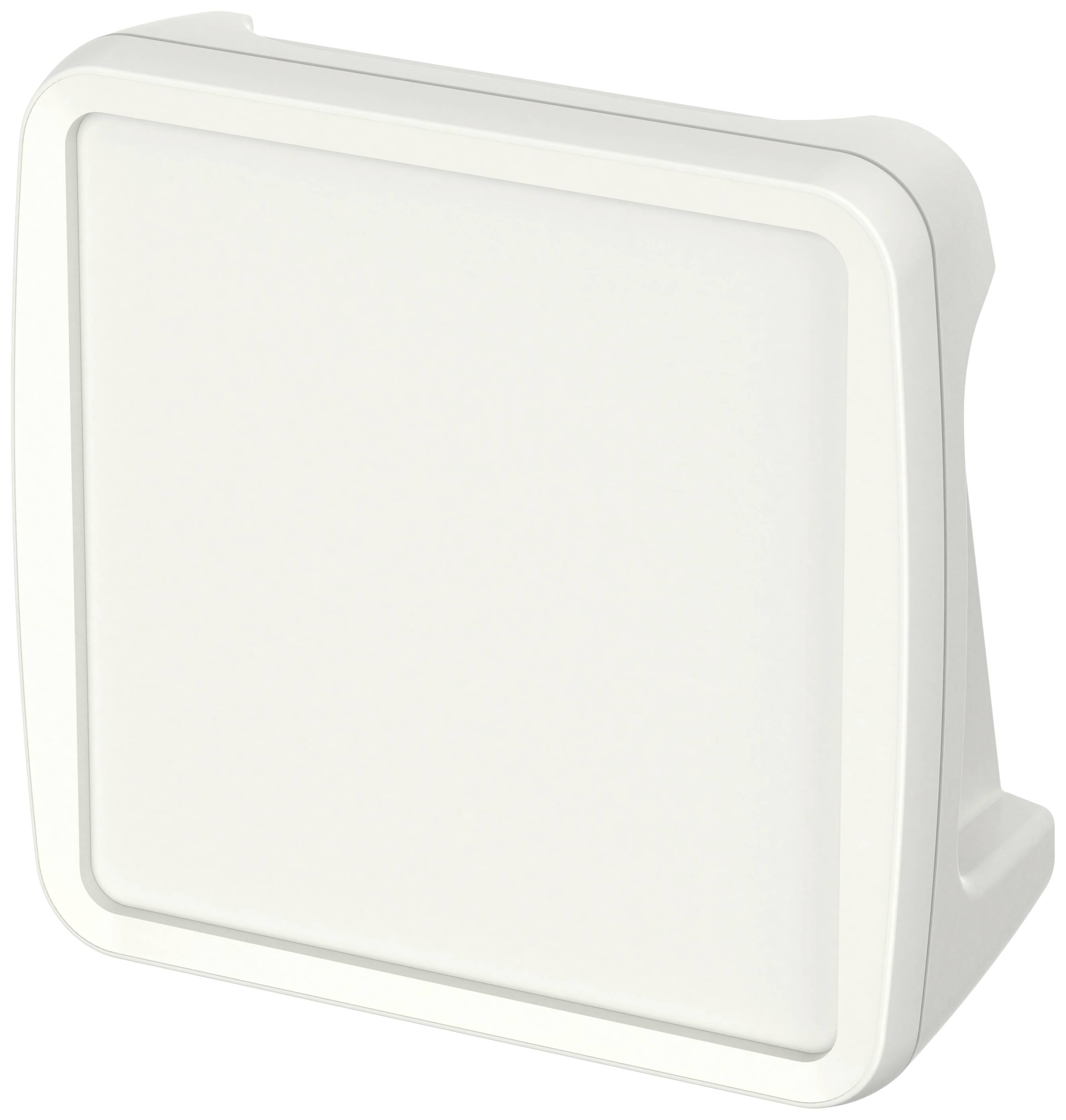 Kwadratowa, biała obudowa z tworzywa sztucznego z zaokrąglonymi narożnikami i lekko wypukłą przednią ścianką, prawdopodobnie pokrywa lub ramka przełącznika.