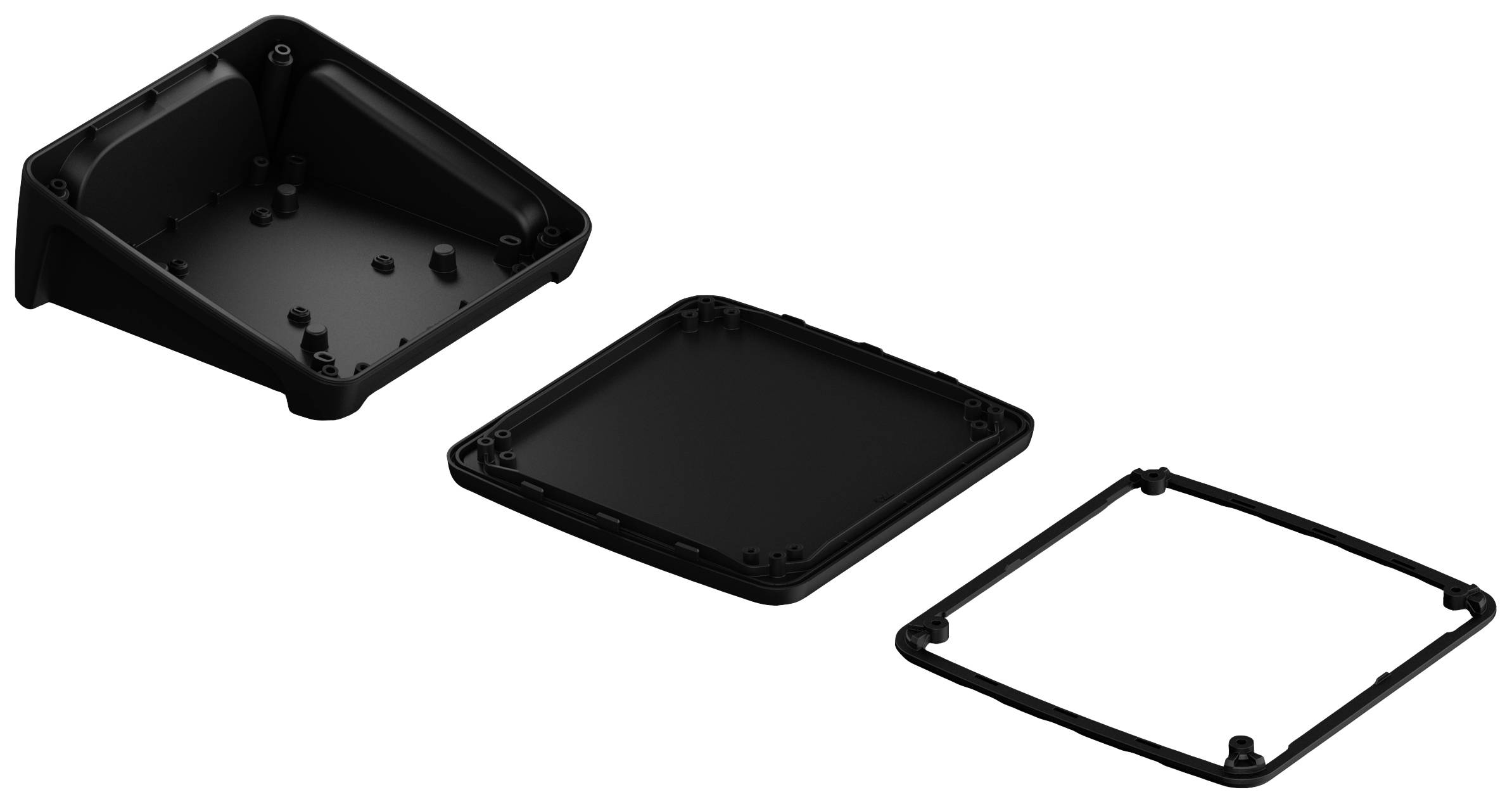 Elementy obudowy urządzenia elektronicznego przedstawione w trzech oddzielnych komponentach: spodzie, pokrywie i ramie, wszystkie w kolorze czarnym.