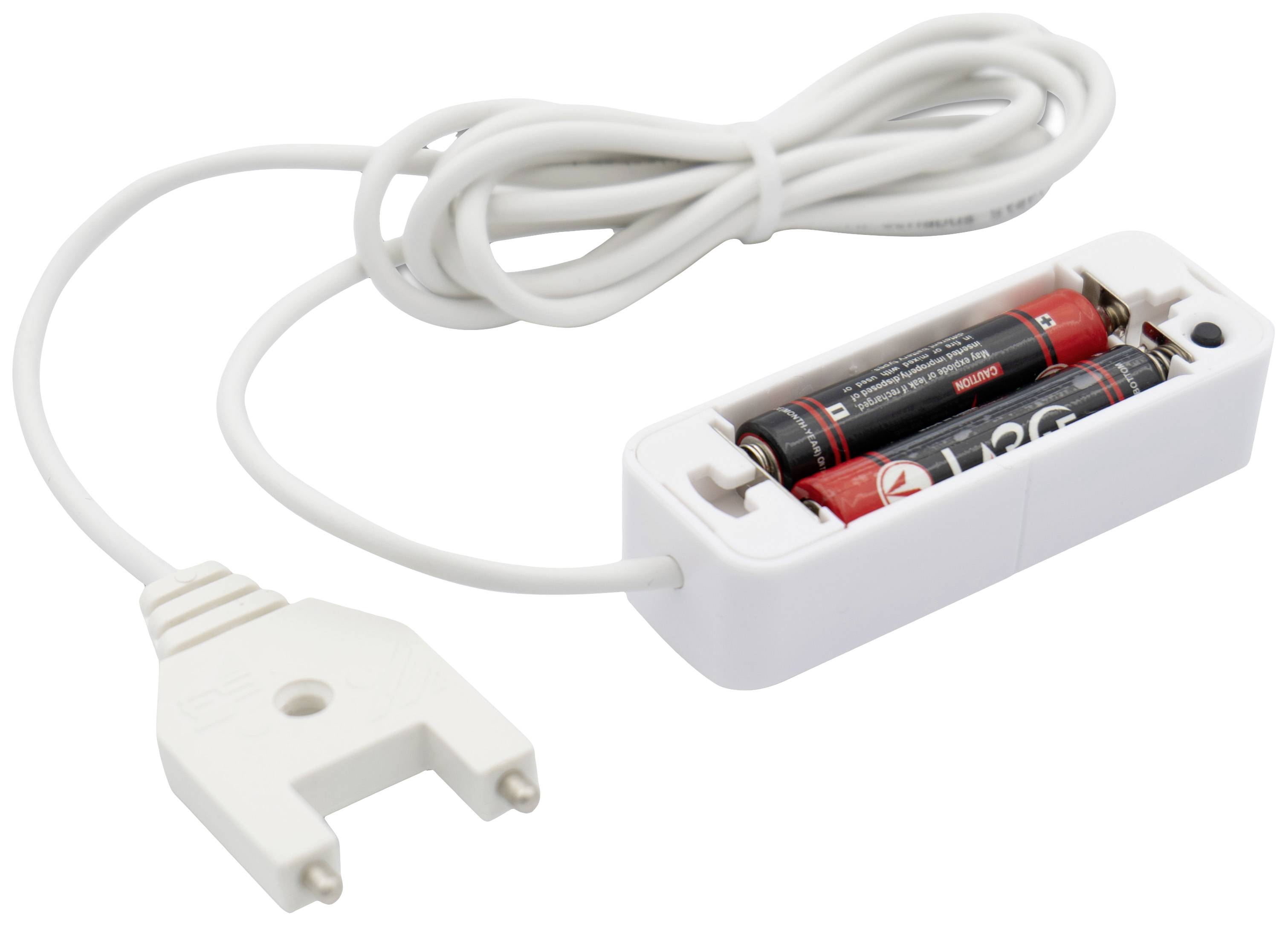 Biały uchwyt na baterie z włożonymi dwoma bateriami i podłączonym kablem zakończonym wtyczką.