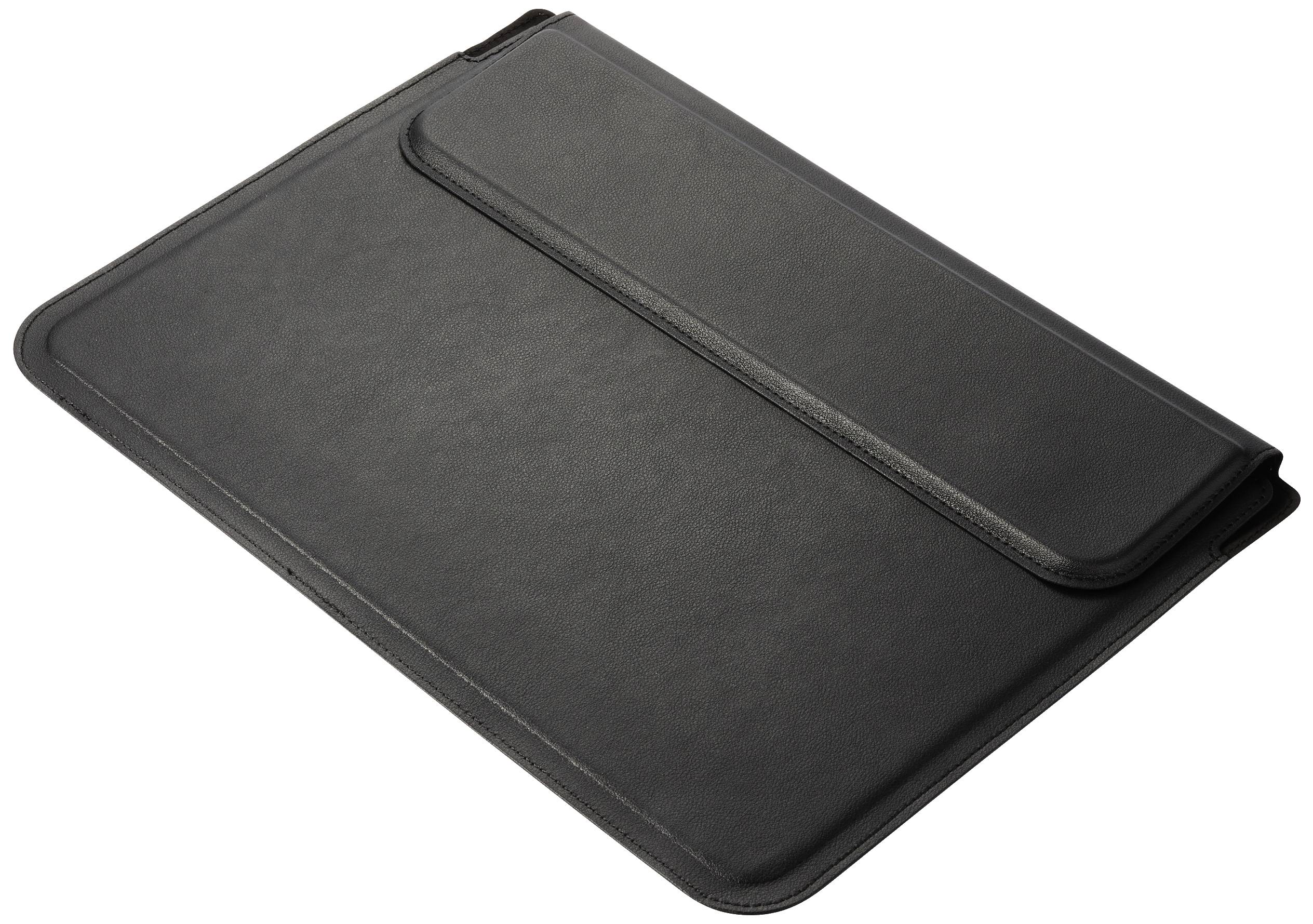 Czarna osłona ochronna na tablet lub laptop, z klapką zamykającą i gładką powierzchnią.