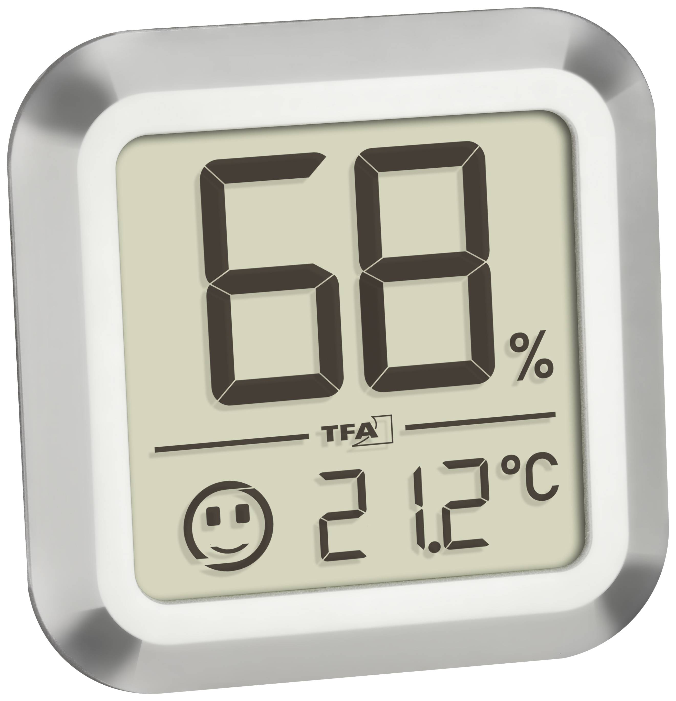 Cyfrowy, kwadratowy termohigrometr wyświetla wilgotność '68%' oraz temperaturę '21,2°C', z symbolem uśmiechu.