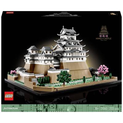 Zestaw Lego 'Zamek Himeji' z dokładnym przedstawieniem architektury, zalecany dla osób powyżej 18 roku życia, 2125 elementów. Model przedstawia tradycyjny japoński zamek.