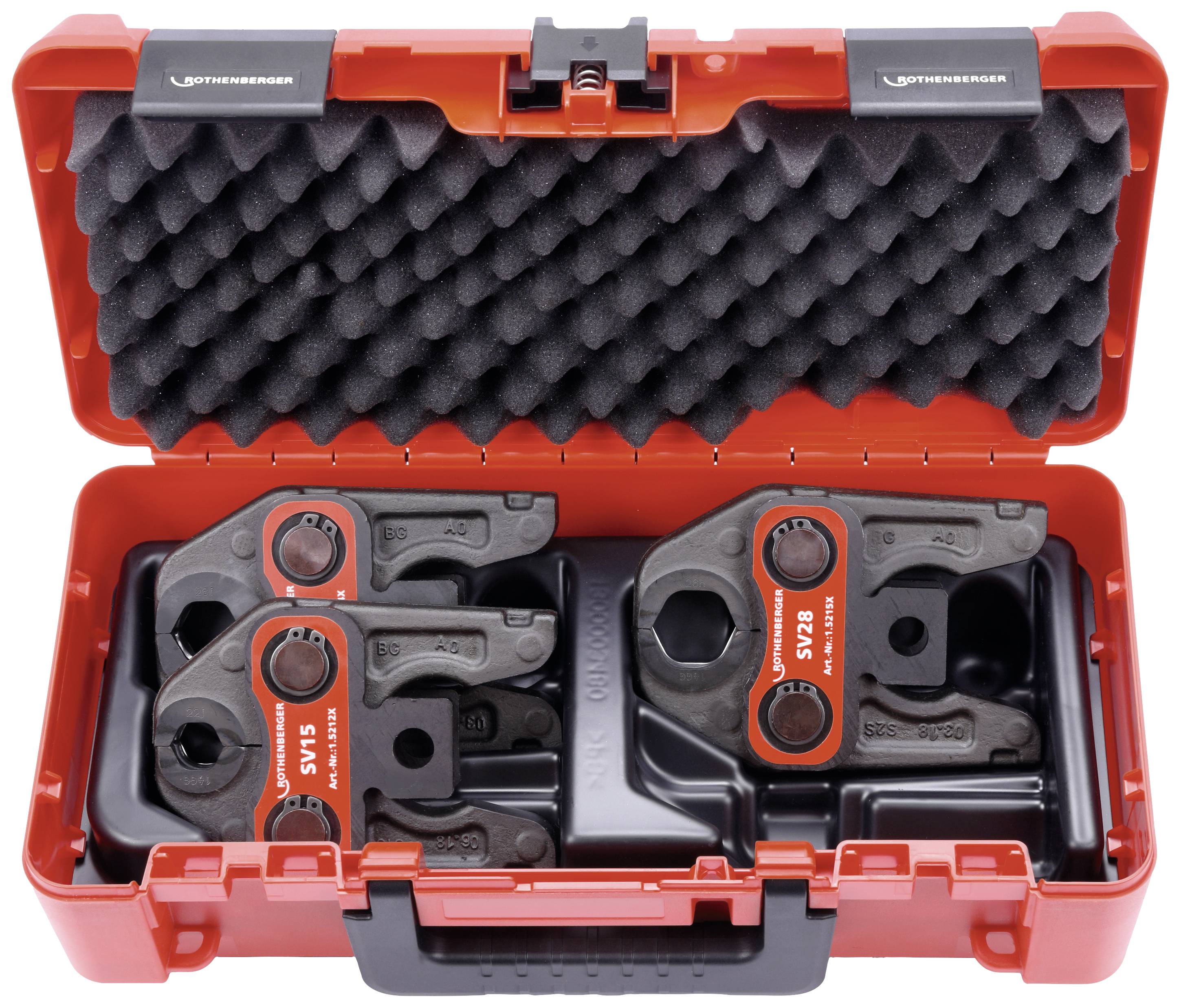 Czerwony otwarty kufer narzędziowy, pokazujący sześć różnych wkładek zaciskowych na czarnej gąbce, nazwa marki widoczna w lewym górnym rogu.