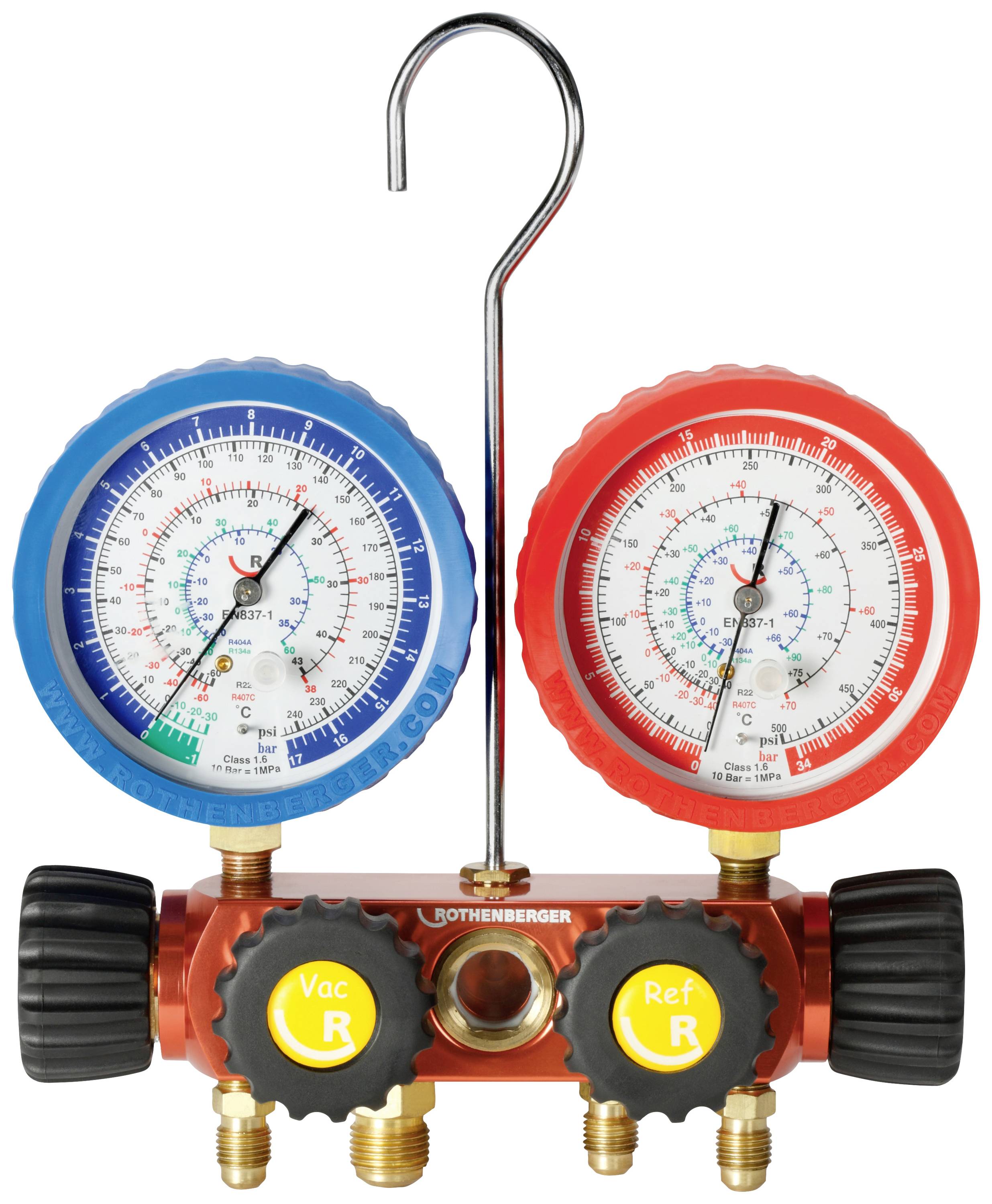 Obraz przedstawia zestaw manometrów z dwiema dużymi okrągłymi tarczami, jedną w kolorze niebieskim i drugą w kolorze czerwonym, do pomiarów próżni i czynnika chłodniczego.