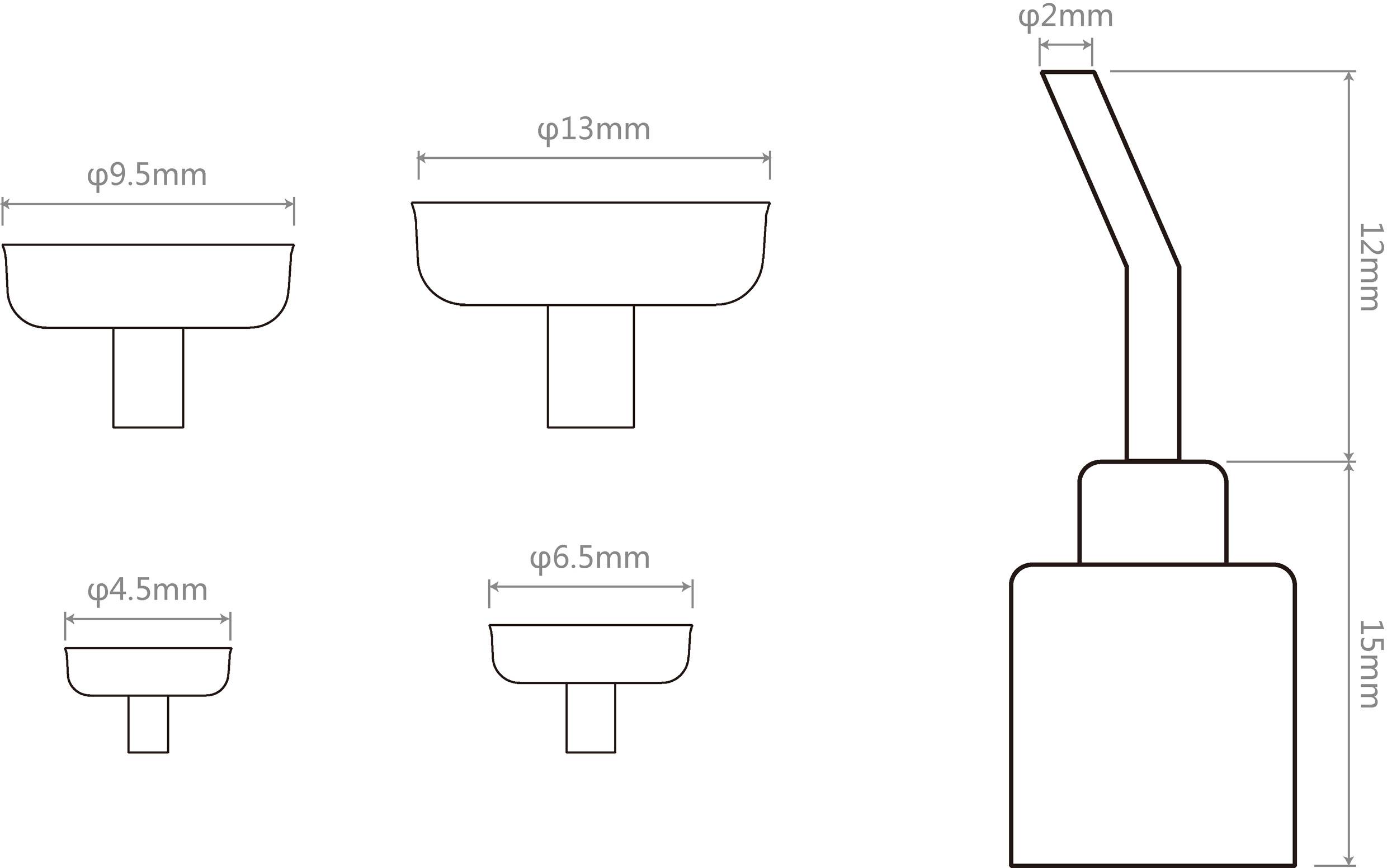 Rysunek techniczny przedstawiający cztery typy dysz o średnicach 9,5 mm, 13 mm, 4,5 mm i 6,5 mm, w tym widok z boku.