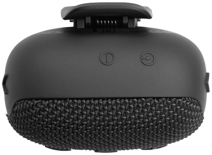 Przenośny czarny głośnik, widok z góry, z okrągłymi przyciskami zasilania i Bluetooth powyżej materiałowej kratki.