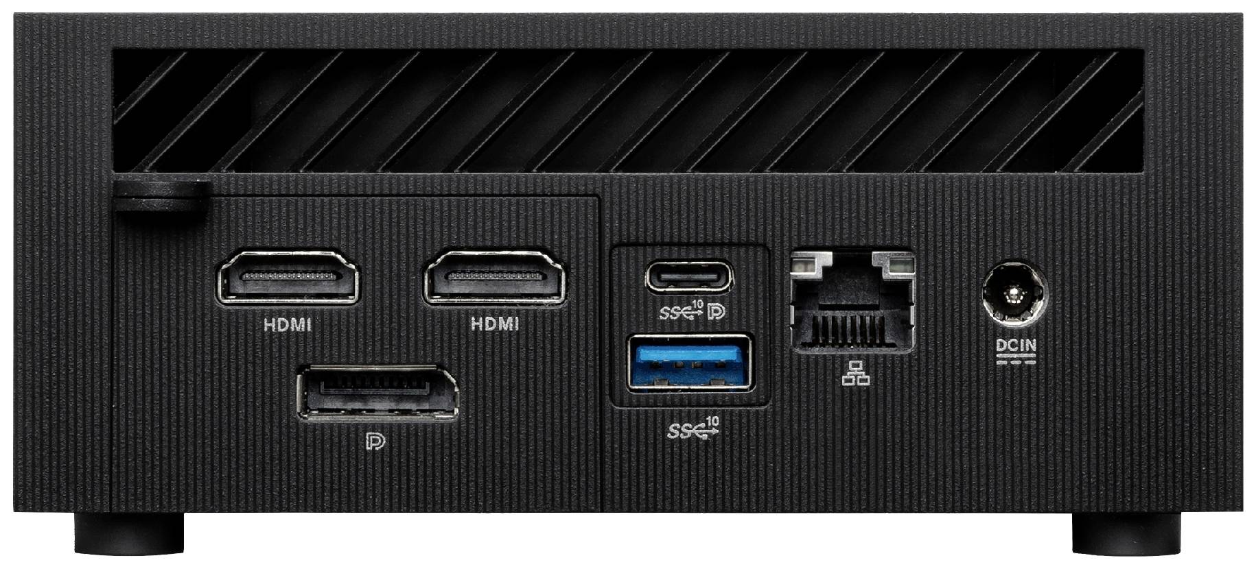 Tylna strona czarnego urządzenia z wieloma portami przyłączeniowymi: dwa porty HDMI, DisplayPort, USB-C, USB-A, Ethernet oraz DCIN.