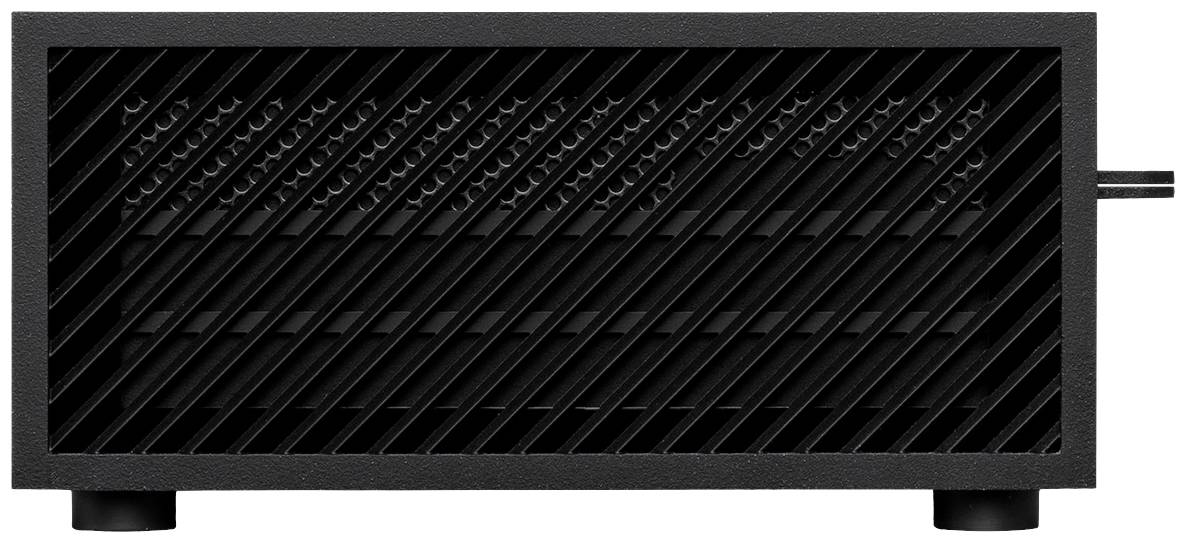 Czarny, prostokątny sprzęt z kratkami wentylacyjnymi z przodu, stojący na dwóch małych nóżkach.