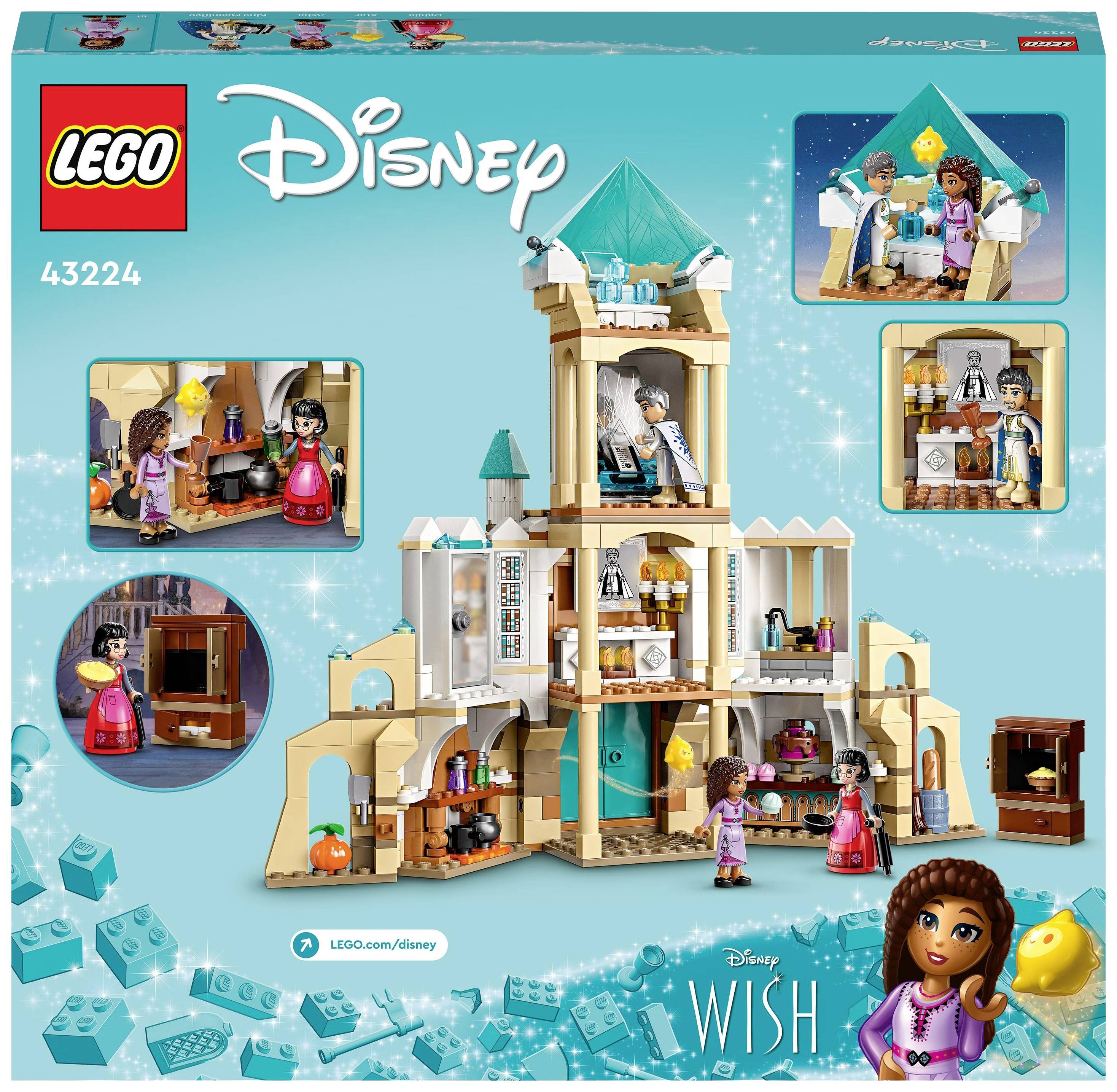 Zestaw LEGO Disney 43224 przedstawia zamek z figurkami, zawierający wiele pomieszczeń i scenek do zabawy. Opakowanie ilustruje możliwości budowy i zabawy.