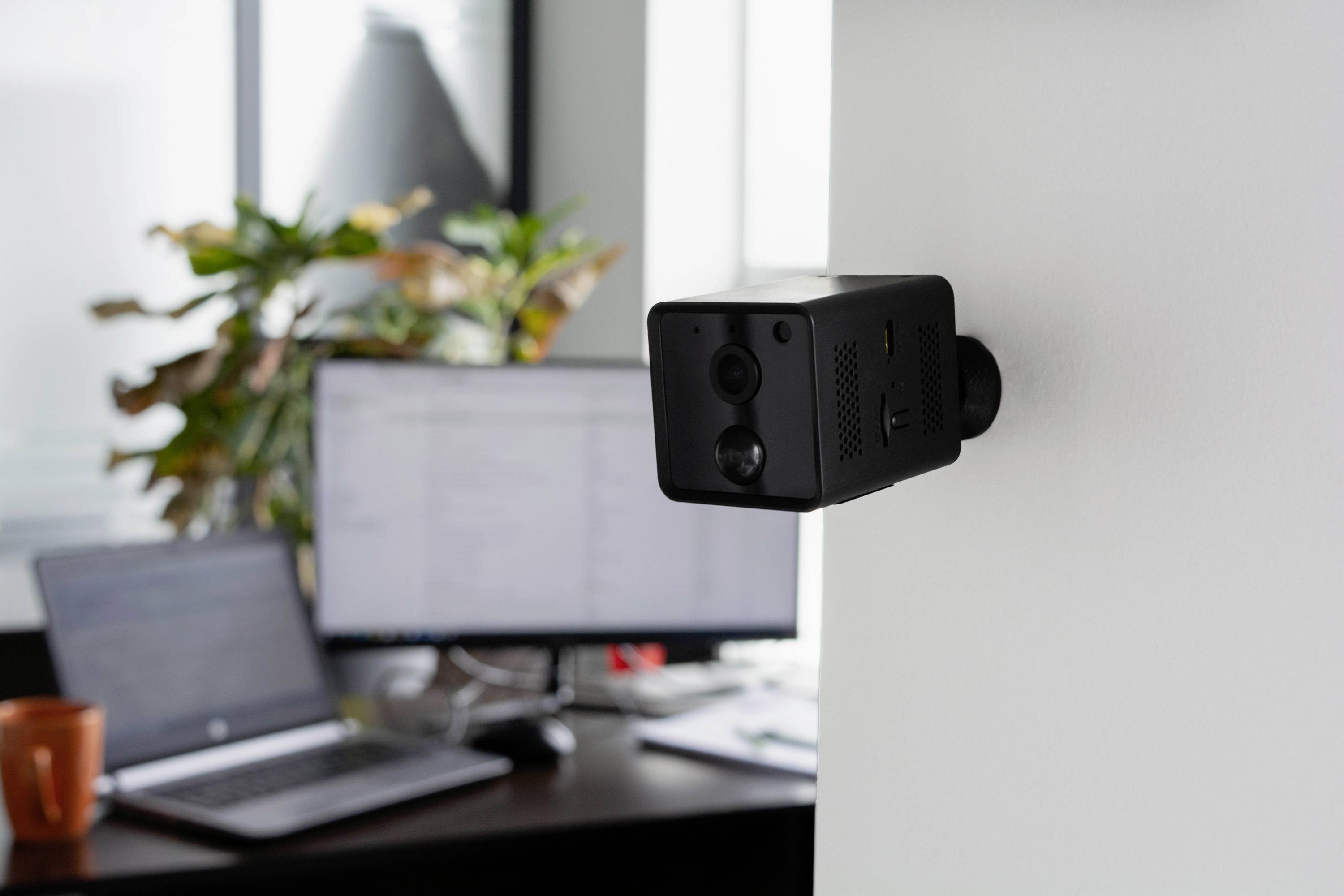 Kamera monitorująca jest zamontowana na ścianie biura, w tle widać dwa ekrany komputerowe i roślinę.