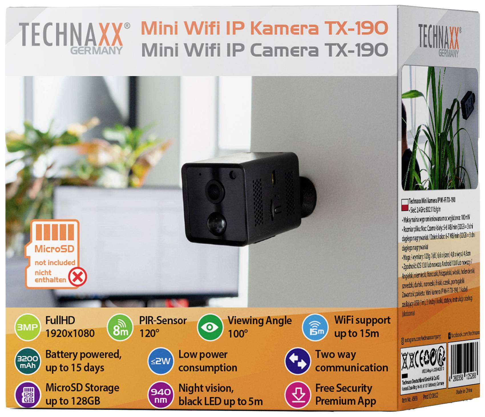 Opakowanie 'TECHNAXX Mini Wifi IP Kamera TX-190'. Funkcje: FullHD 1920x1080, zasięg Wi-Fi 15m, kąt widzenia 100°, tryb nocny, czujnik PIR. Karta microSD do 128GB (nie dołączona).