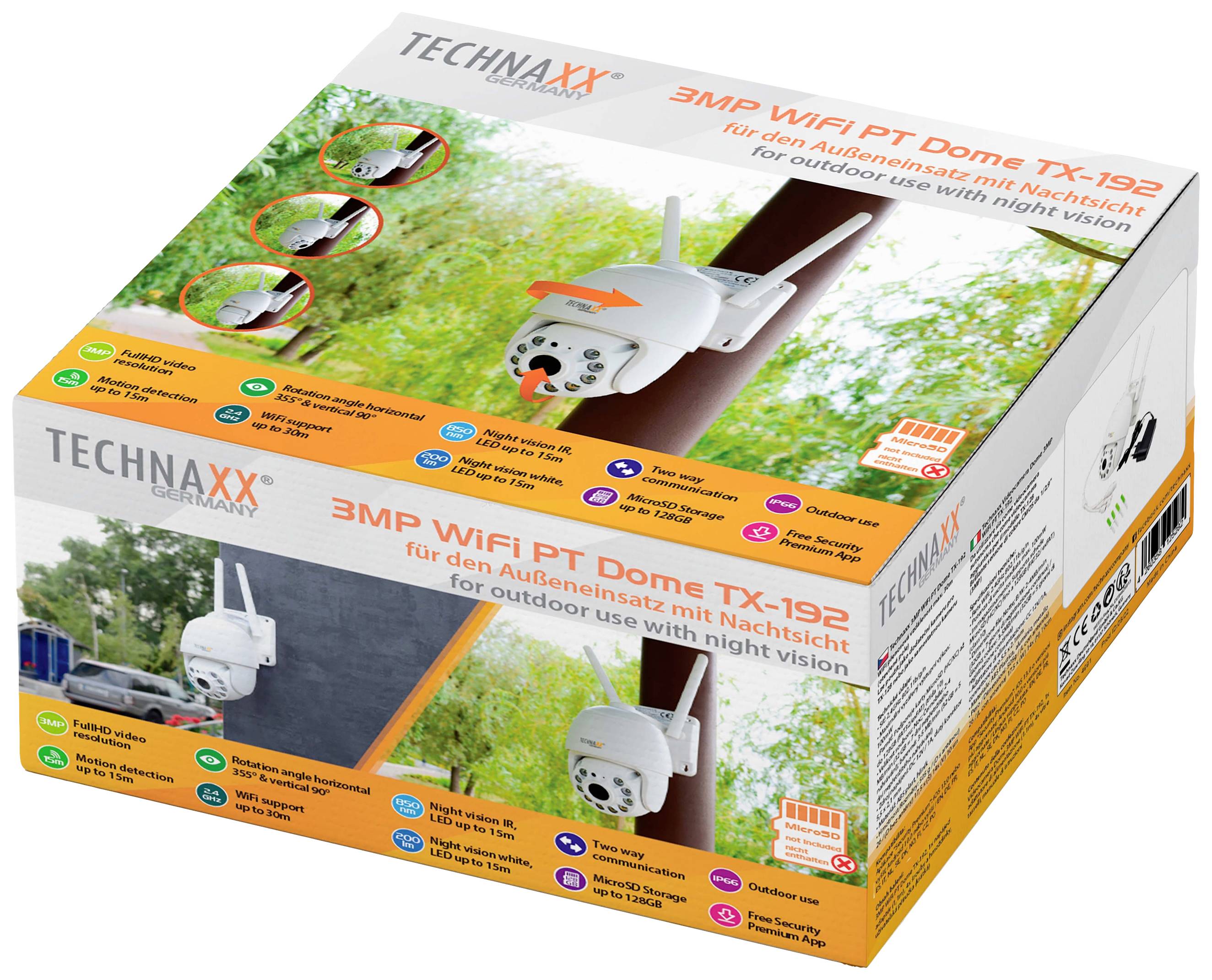 Opakowanie kamery kopułkowej WiFi PT o rozdzielczości 3MP, model TX-192, przeznaczonej do zastosowań zewnętrznych z funkcją widzenia nocnego. Zawiera zdjęcia kamery oraz symbole jej funkcji.