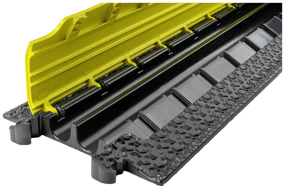 Żółto-czarny kanał ochronny z tworzywa sztucznego, pokazany w otwartej formie. Odpowiedni do zarządzania kablami i zabezpieczenia przed potknięciem w miejscach o dużym natężeniu ruchu.