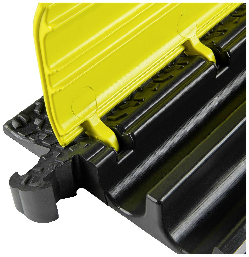 Żółty, rozkładany system mostków kablowych z tworzywa sztucznego, który chroni i organizuje wiele przewodów. Posiada strukturyzowaną powierzchnię.