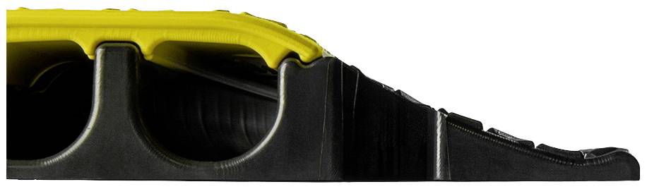 Widok z boku wytrzymałej, żółto-czarnej rampy kablowej wykonanej z tworzywa sztucznego, z wieloma kanałami zabezpieczającymi przewody.