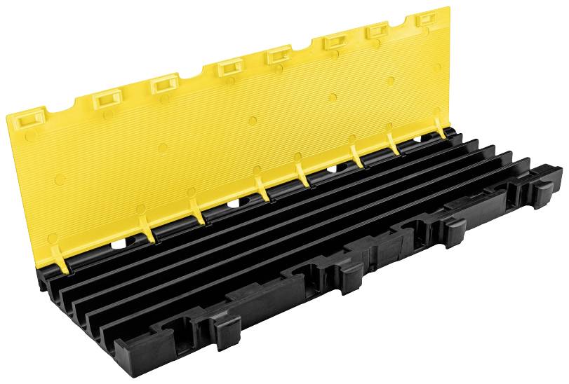 Żółty plastikowy mostek kablowy, otwarty, z wieloma kanałami kablowymi i żebrowaną strukturą zapewniającą antypoślizgowe oparcie na podłożu.