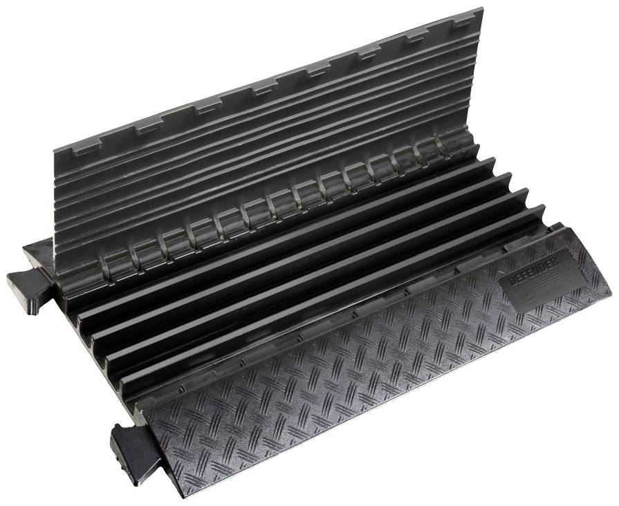 Czarna rampa kablowa z tworzywa sztucznego, z wytrzymałym profilem rowkowym zapewniającym dodatkową przyczepność. Przeznaczona do ochrony kabli na podłogach.