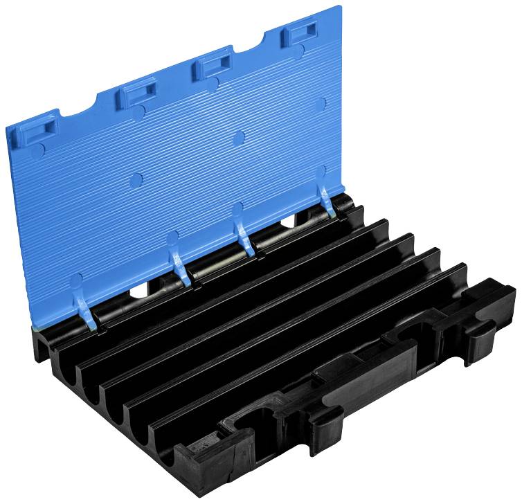 Czarna plastikowa część z niebieską klapką, wyglądająca jak element mechaniczny. Stosowana do celów modułowego montażu.