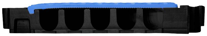 Przekrój czarnego prostokątnego obiektu z niebieskim pokryciem na górze, ukazujący pięć półkolistych pustych przestrzeni.