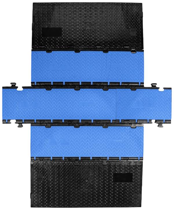 Modularna rampa kablowa w kolorze niebieskim i czarnym, składająca się z trzech części. Każdy segment posiada antypoślizgową nawierzchnię.
