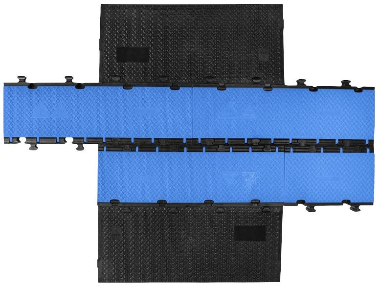 Niebieski i czarny system podłogowy z tworzywa sztucznego składający się z wzajemnie zazębiających się elementów, tworzący stabilną i przenośną powierzchnię.