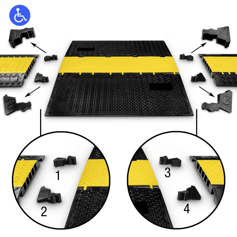 'Obraz modułowego urządzenia ochronnego do kabli. Żółto-czarny, elastyczny projekt ze składającymi się z wielu elementów połączeniami.'