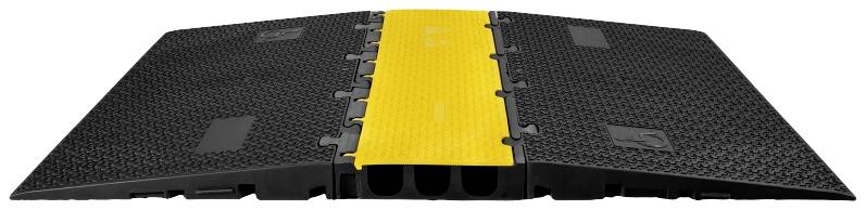 Czarny system mostków kablowych z żółtą osłoną pośrodku. Wykonany jest z wytrzymałego materiału i służy do organizacji kabli.