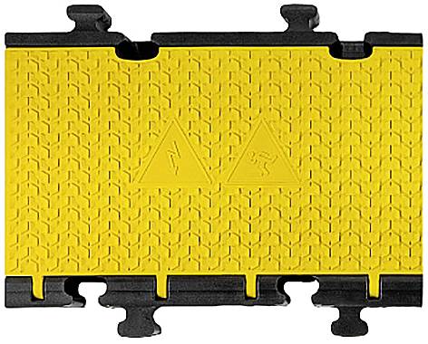 Żółty mostek kablowy z symbolami ostrzegawczymi, powierzchnia antypoślizgowa, czarne elementy krawędziowe u góry i u dołu, odpowiedni do ochrony kabli.
