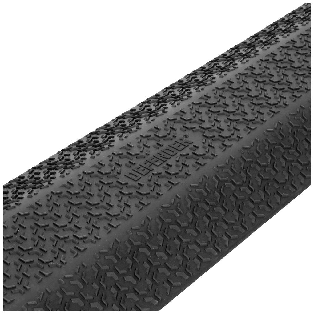 Zbliżenie opony rowerowej z wyraźnym bieżnikiem i napisem 'Defender'. Bieżnik prezentuje złożony, antypoślizgowy wzór.