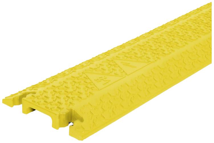 Żółta osłona kabli z tworzywa sztucznego o antypoślizgowej powierzchni z symbolami ostrzegawczymi, przeznaczona do stosowania w strefach roboczych w celu zapobiegania potknięciom.