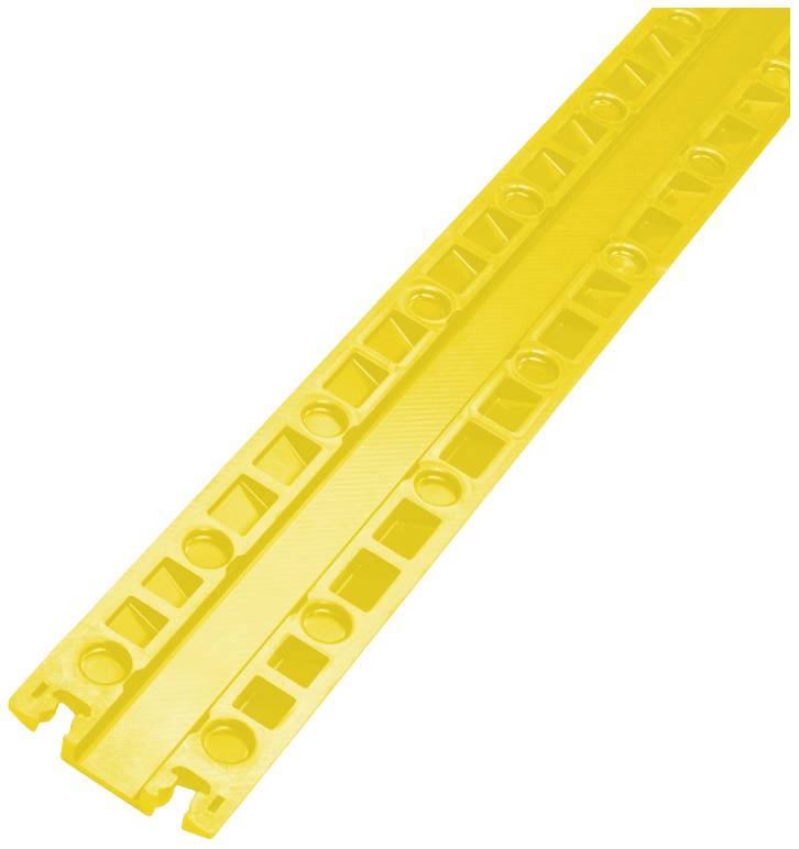 Dwa żółte, podłużne elementy plastikowe z kwadratowymi i okrągłymi wycięciami. Wyglądają na części lub szablon.