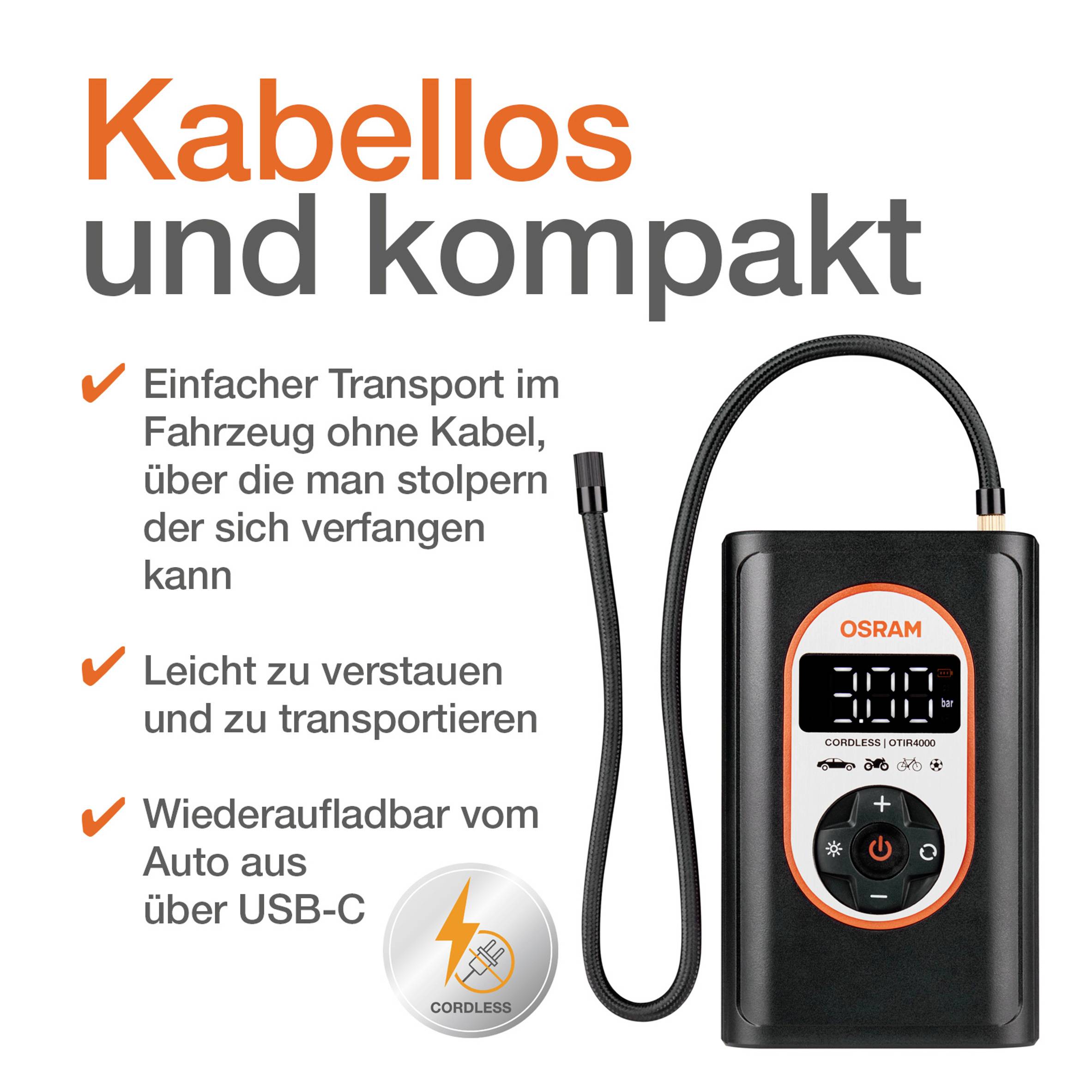 Bezprzewodowy i kompaktowy pompownik do opon marki OSRAM z ładowaniem przez USB-C, wyświetlaczem LED i łatwym transportem w samochodzie.