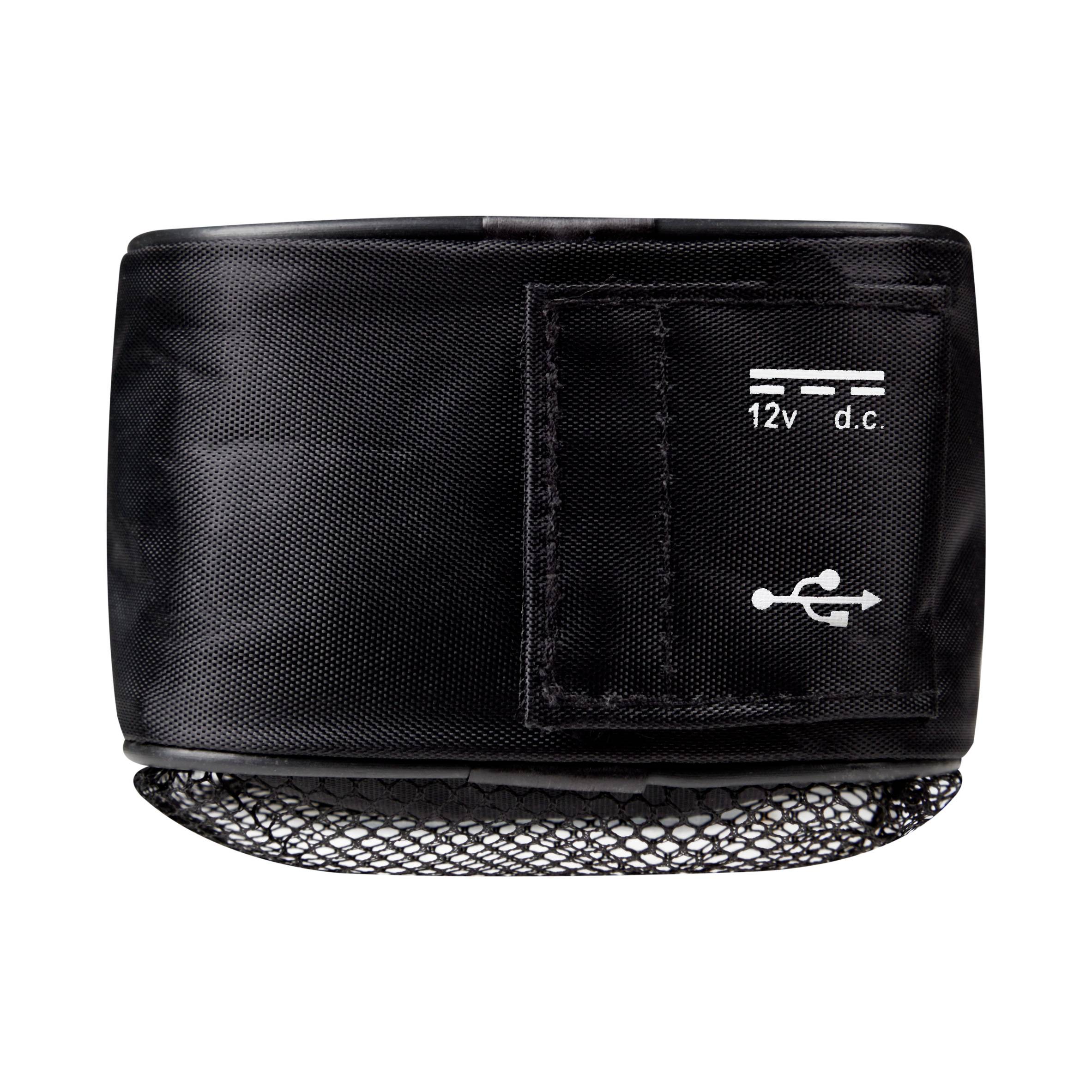 Elektroniczny pas grzewczy z akumulatorem z podłączeniami USB i 12V DC. Wierzchnia warstwa wykonana z czarnej tkaniny, pod spodem materiał siatkowy.