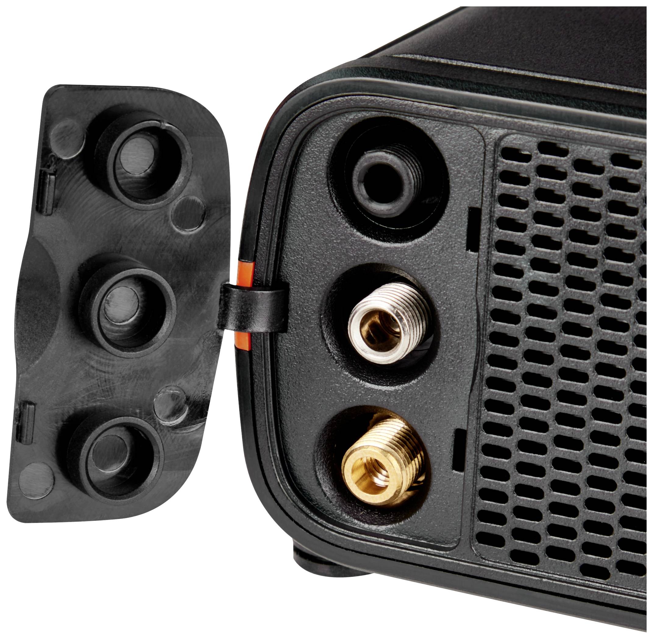 Widok obszaru przyłączy urządzenia z otwartą pokrywą, na którym widoczne są dwa wystające złącza, odpowiednie do podłączenia sprzętu audio lub wideo.