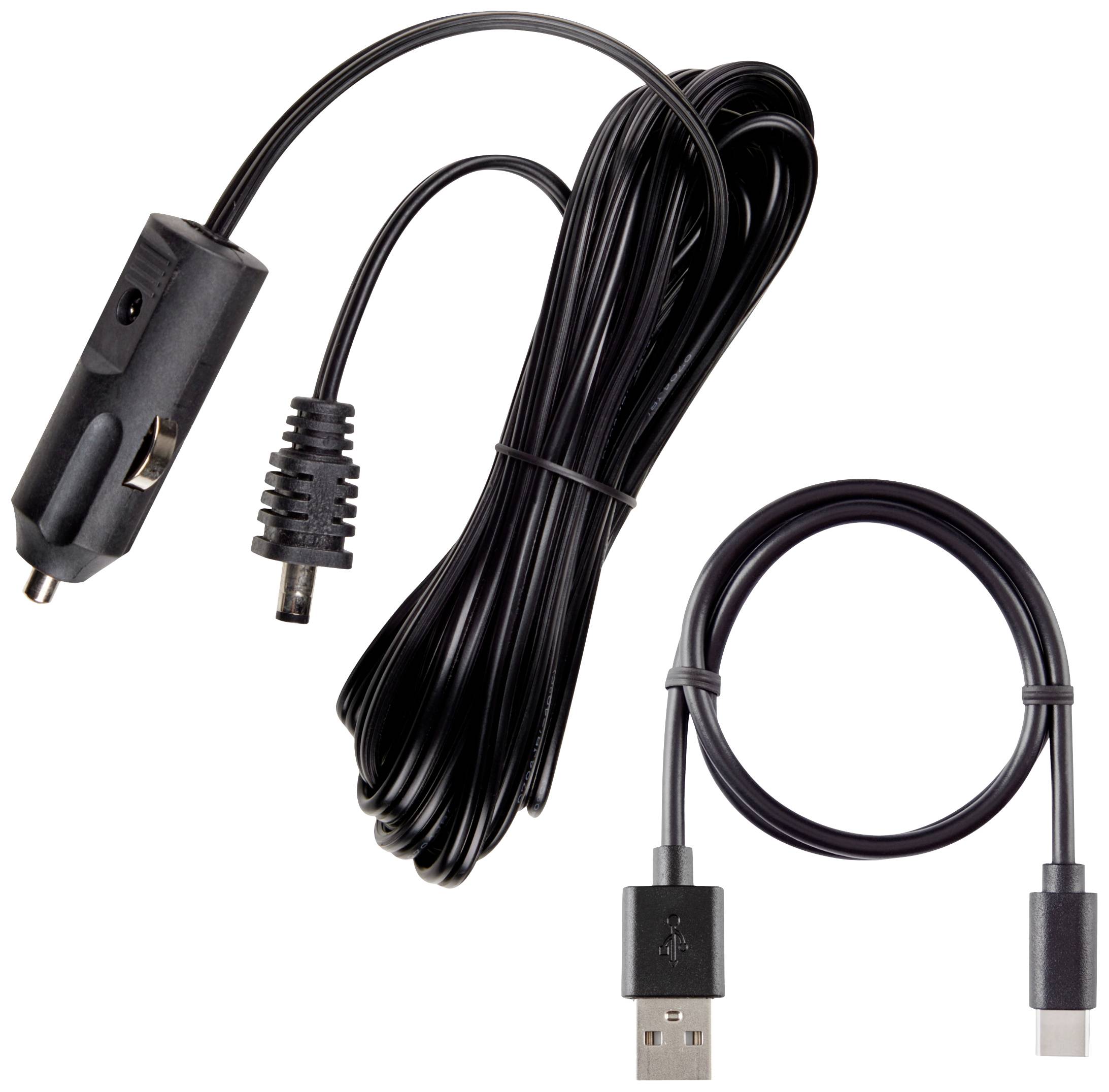 Długi kabel sieciowy z wtyczką do gniazda zapalniczki samochodowej oraz krótszy kabel USB. Idealny do urządzeń w samochodzie.