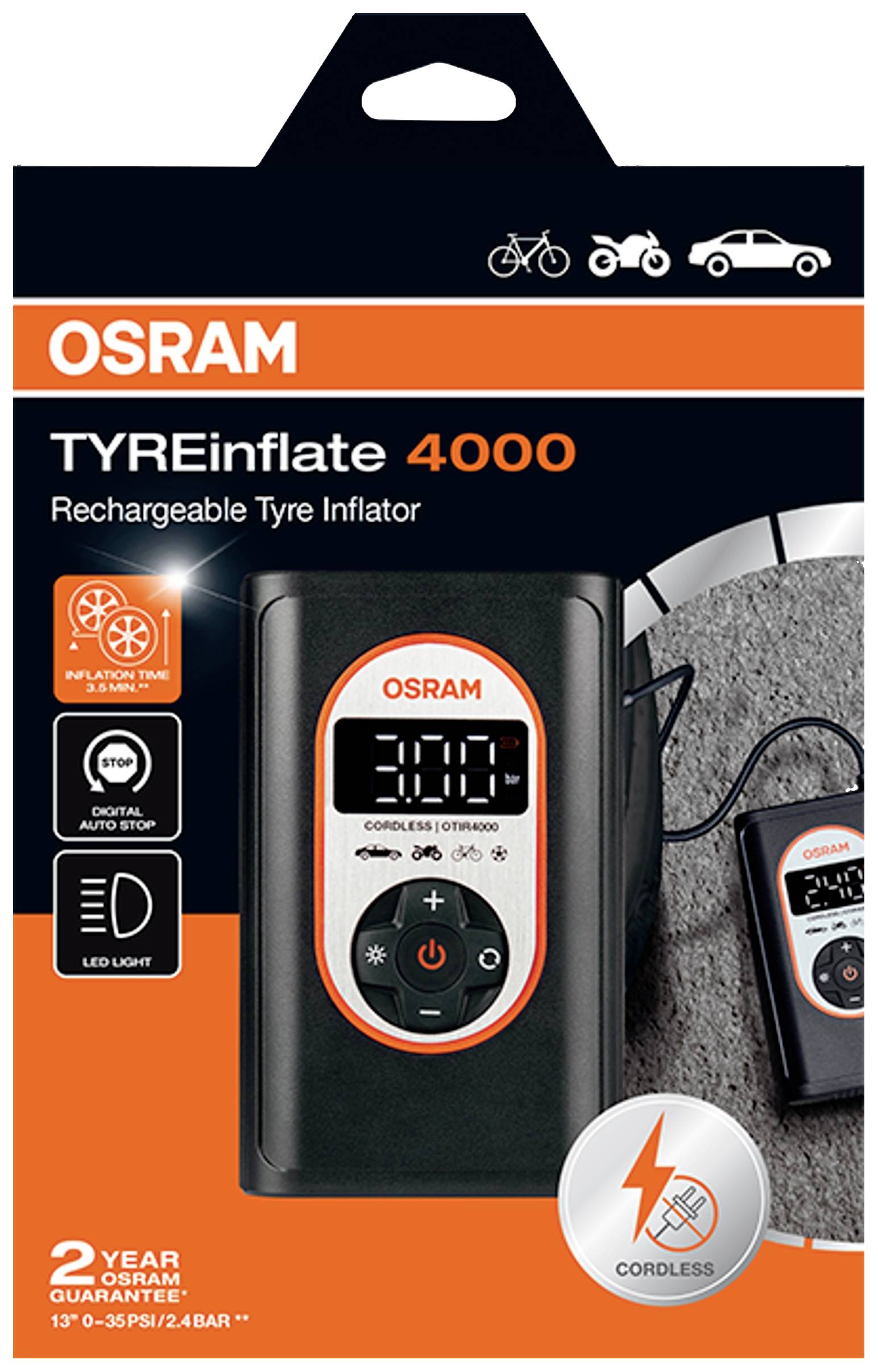 Pompka do opon 'TYREinflate 4000' firmy Osram, z cyfrowym wyświetlaczem ciśnienia, symbolem bezprzewodowego użycia oraz funkcją oświetlenia LED.