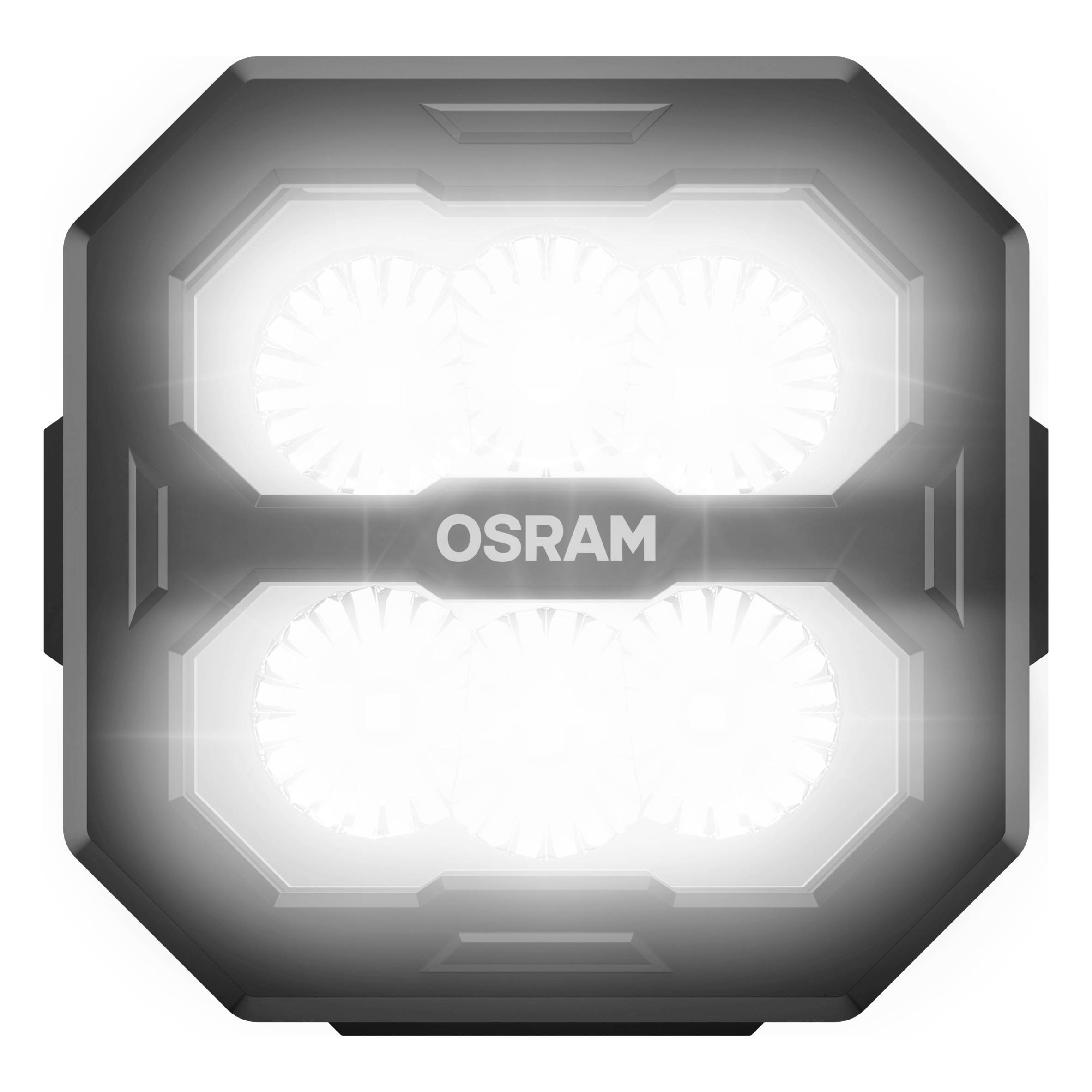 Kwadratowy reflektor LED firmy OSRAM świeci czterema jasnymi kręgami świetlnymi.