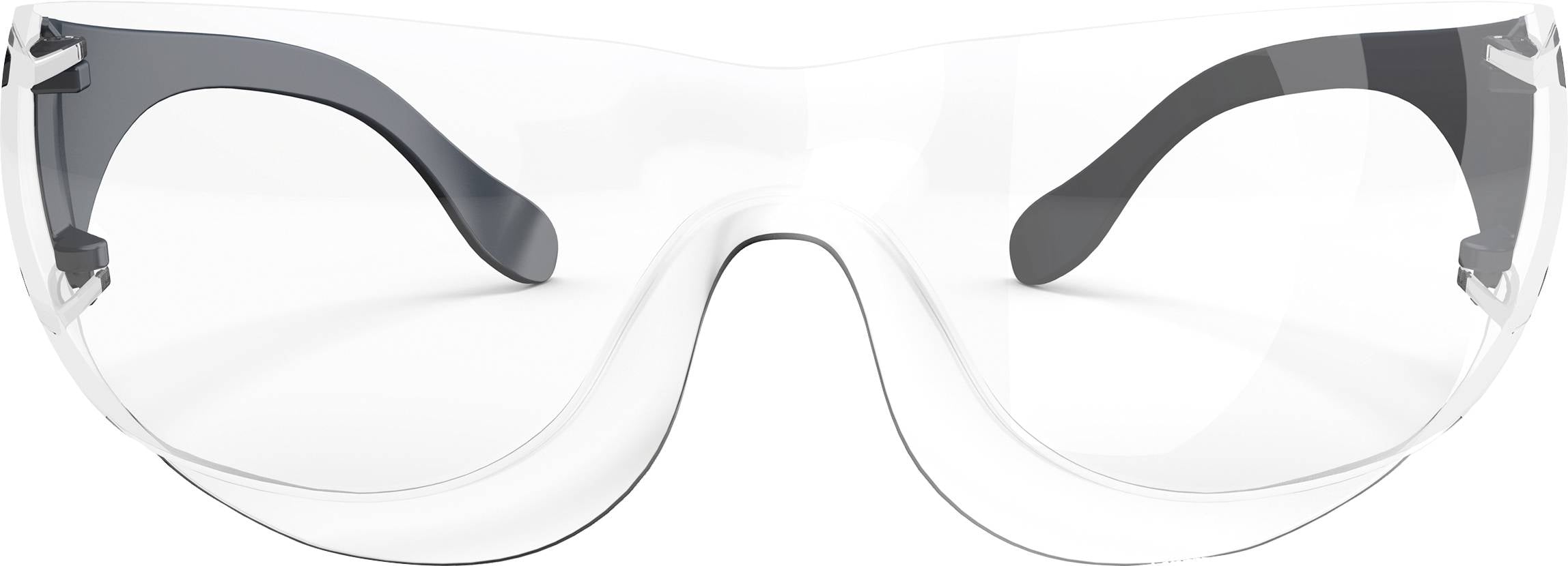 Nowoczesne okulary ochronne z przezroczystymi soczewkami i czarnymi zausznikami, odpowiednie do użycia w laboratoriach lub warsztatach.