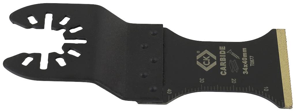 Brzeszczot do narzędzi wielofunkcyjnych z krawędzią tnącą z węglika spiekanego i oznaczeniami wymiarowymi, odpowiedni do obróbki drewna i metalu.