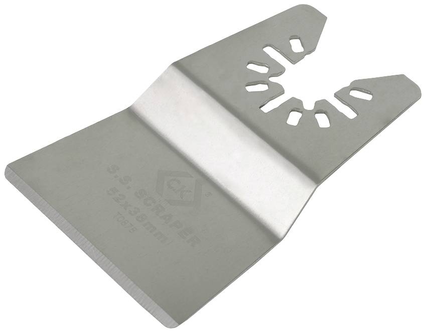 Skrobak metalowy z płaską, prostokątną główką i kilkoma otworami mocującymi, odpowiedni do uniwersalnych zastosowań czyszczących.