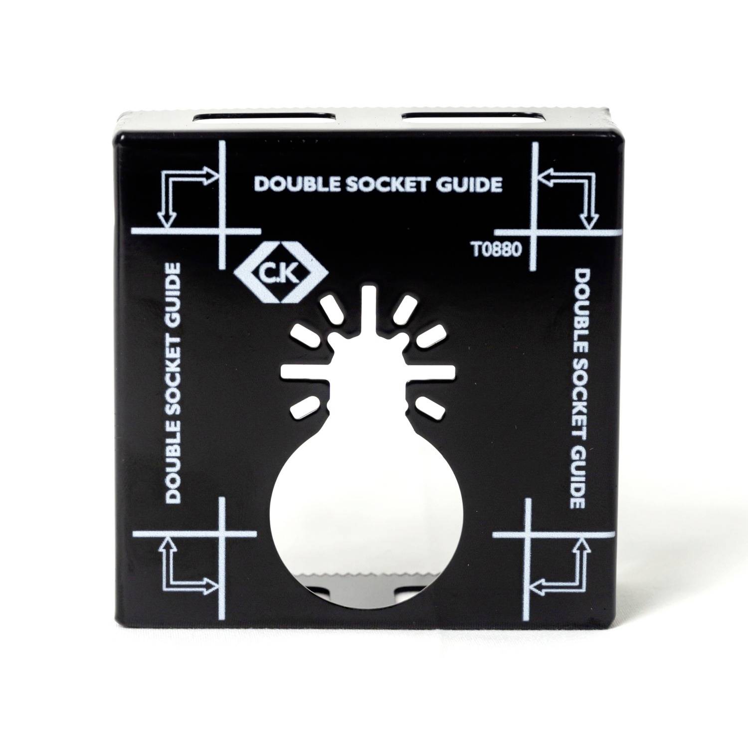 Czarna szablon z tworzywa sztucznego z białymi oznaczeniami i średnim wycięciem w kształcie żarówki, określana jako 'Double Socket Guide'.