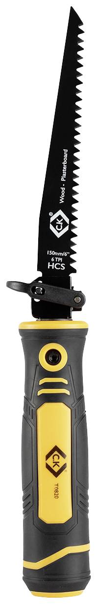 Ręczna piła kątowa z czarnym brzeszczotem i żółtą, ergonomiczną rękojeścią, wyspecjalizowana w precyzyjnym cięciu drewna i tworzyw sztucznych.