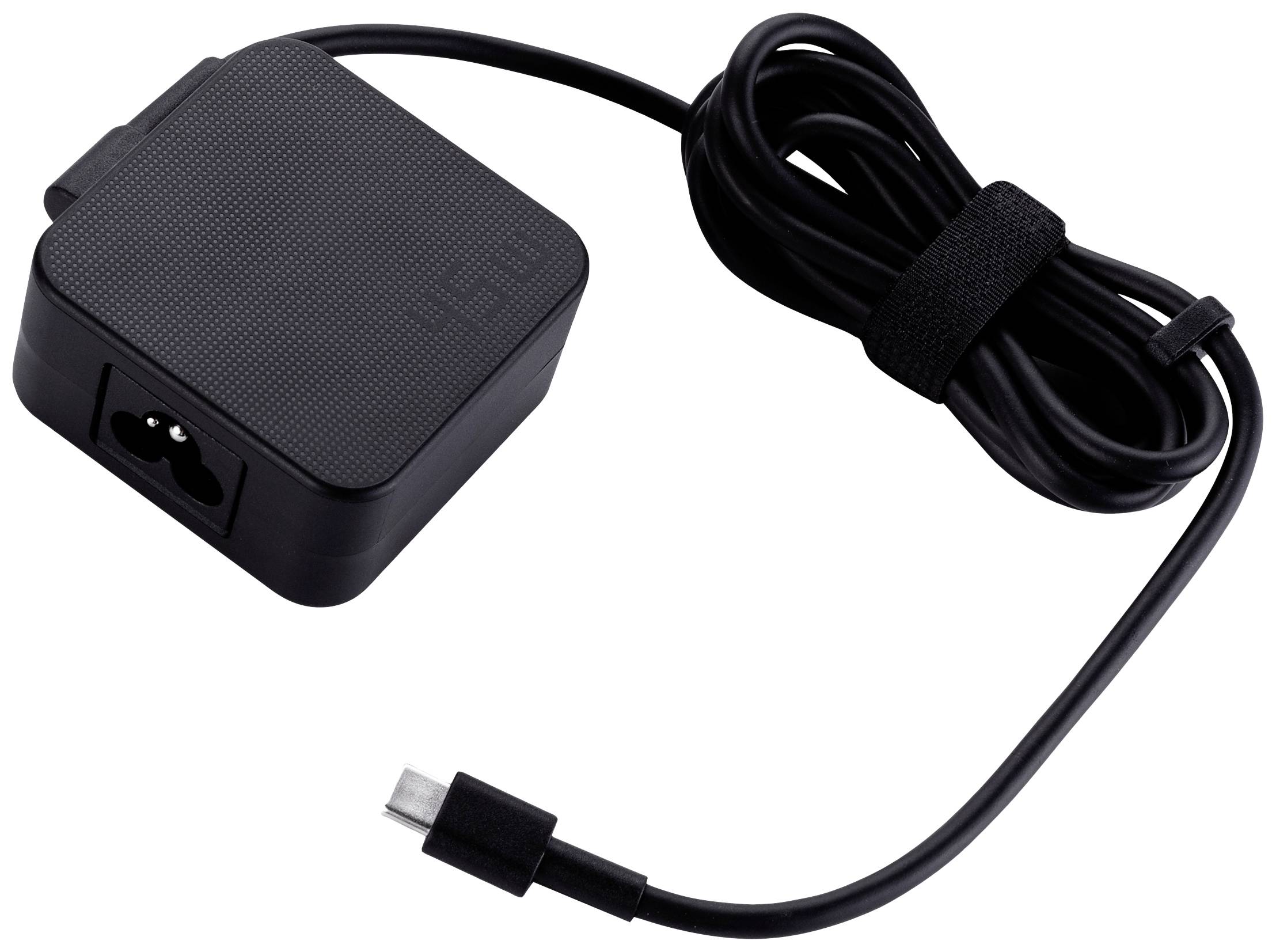 Czarny zasilacz do laptopa z kablem USB-C, zwinięty i zabezpieczony rzepem.