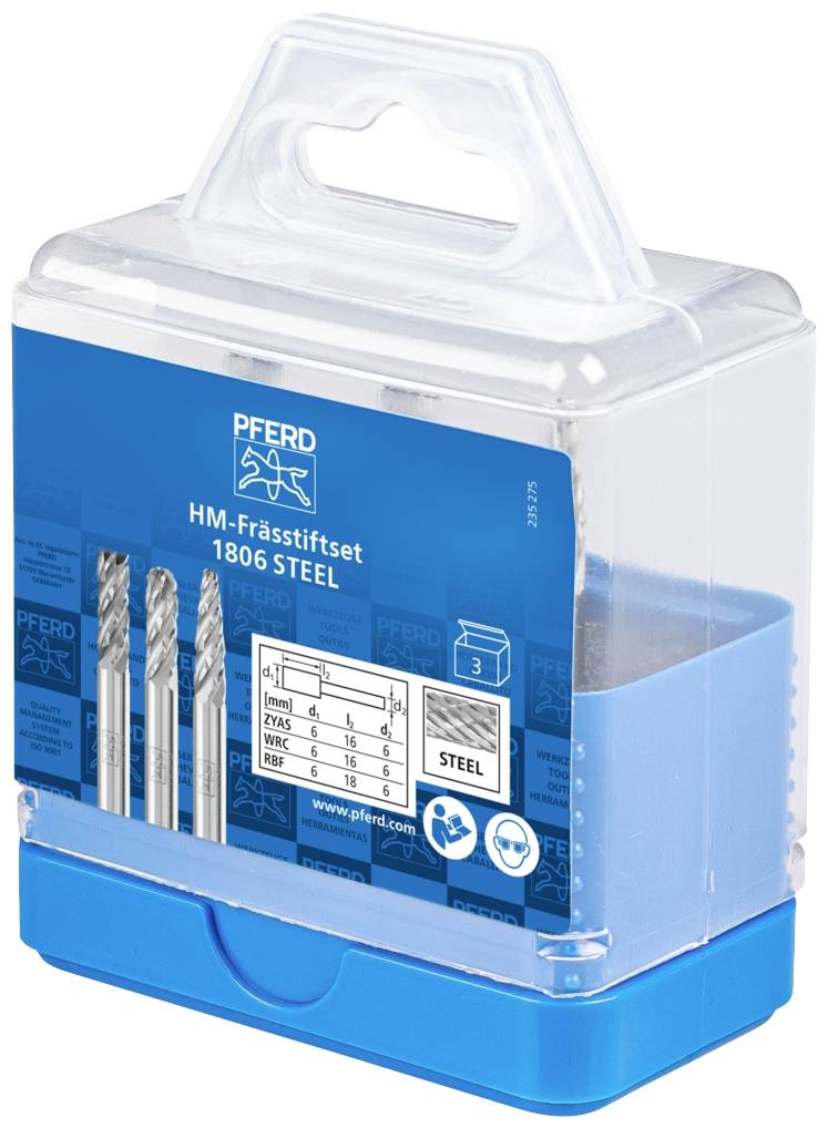 Opakowanie zestawu frezów węglikowych do obróbki stali. Zawiera trzy frezy o różnych wymiarach. Producent: PFERD.